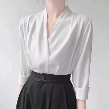 Новая весна 2025 года мода офис леди женские блузки рубашки с длинным рукавом V-образный вырез белая шифоновая блузка рубашка женские топы блузки J746 S зелёный