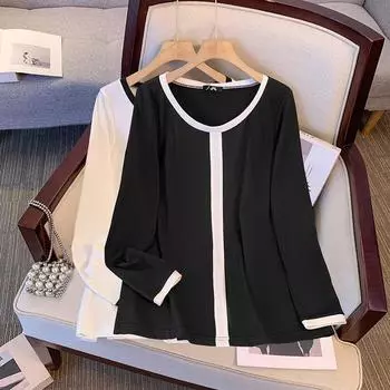 Новая весна-лето-осень футболка с круглым вырезом и длинными рукавами, простые лоскутные футболки, женские топы, пуловеры под пальто, футболки большого размера, большие размеры 2XL-6XL 2XL белый