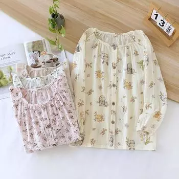 Новая весна/лето женская пижамная верхняя часть 100% чистый хлопок тонкий свежий милый домашний интерьер цельный топ с длинными рукавами для женщин M