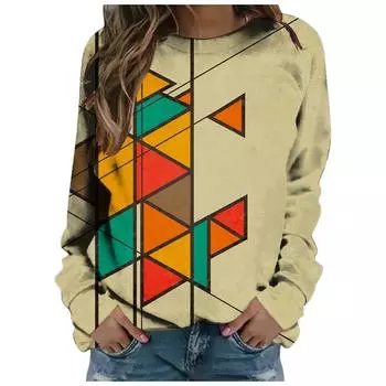 Новая весна осень женская мода уличная геометрический принт длинный рукав футболка дизайн одежда хлопковая футболка длинный рукав топ S