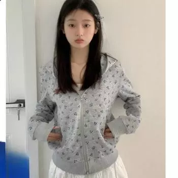 Новая весна осень/зима толстый модный серый цветочный кардиган с капюшоном толстовка женская свободная куртка в американском стиле винтаж S серый