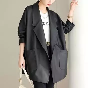 Новая ветровка из овчины, женская куртка из натуральной кожи на весну и осень, свободный крой в корейском стиле, широкая модель, средняя длина S