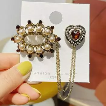 Новая винтажная брошь с кисточкой из кристаллов и цепочкой, булавки, жемчужная брошь в форме сердца, роскошные броши, ювелирные аксессуары синий