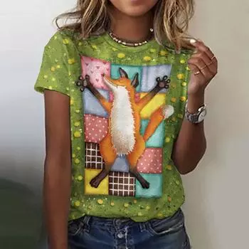 Новая винтажная футболка с принтом лисы для женщин, топ больших размеров, женская трендовая одежда, модная рубашка с короткими рукавами, летняя футболка с круглым вырезом S