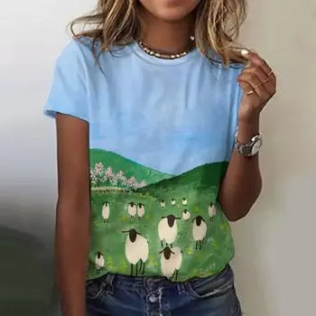 Новая винтажная футболка с принтом овец для женщин, топ больших размеров, женская трендовая одежда, модная рубашка с короткими рукавами, футболка с круглым вырезом S