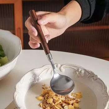 Новая винтажная ложка из имитации ореха, матовая, столовая посуда в стиле вестерн, круглая головка из нержавеющей стали, семейная обеденная ложка с имитацией текстуры дерева