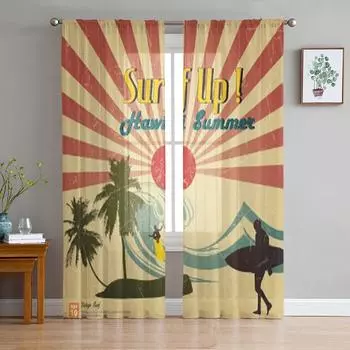 Новая винтажная открытка Hawii Beach, прозрачная занавеска для гостиной, спальни, вуаль, занавески для окон, занавески из органзы, вечерние тюлевые шторы 135W x 114H(cm)