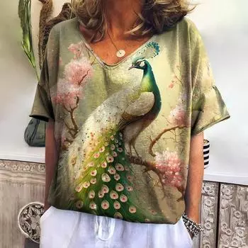 Новая винтажная женская футболка с мультяшным принтом павлина плюс размер, женская трендовая одежда, модная рубашка с коротким рукавом, женская блузка с v-образным вырезом M