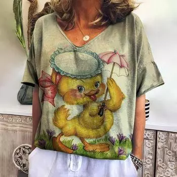 Новая винтажная женская футболка с мультяшным принтом утки размера плюс, женская трендовая одежда, модная рубашка с коротким рукавом, женская блузка с v-образным вырезом XL