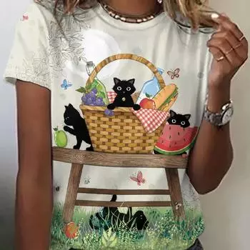 Новая винтажная женская футболка с принтом кота из мультфильма, топ больших размеров, кавайная женская трендовая одежда, модная рубашка с короткими рукавами, футболка с круглым вырезом S