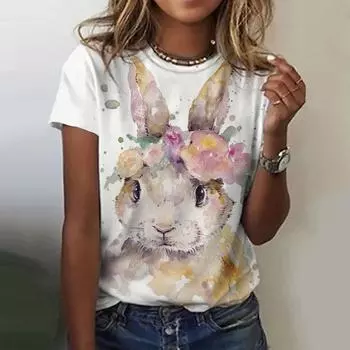 Новая винтажная женская футболка с принтом кролика, топ больших размеров, женская одежда 2024, модная рубашка с коротким рукавом, летняя блузка с круглым вырезом S