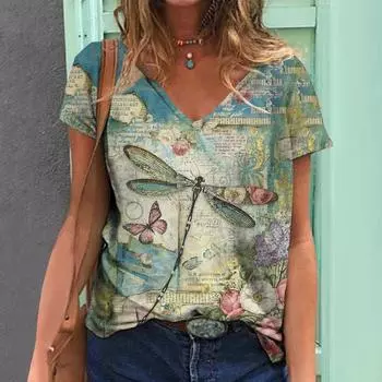 Новая винтажная женская футболка с принтом стрекозы, топ больших размеров 2024, женская трендовая одежда, модная рубашка с короткими рукавами, большой размер с v-образным вырезом S
