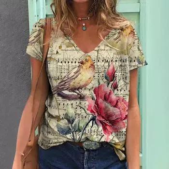 Новая винтажная женская футболка с животным принтом, топ больших размеров 2024, женская трендовая одежда, модная рубашка с короткими рукавами, большой размер с v-образным вырезом S