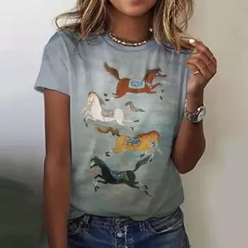 Новая винтажная женская летняя футболка с мультяшным принтом лошади, женская трендовая одежда большого размера, модная рубашка с короткими рукавами, топ с круглым вырезом L