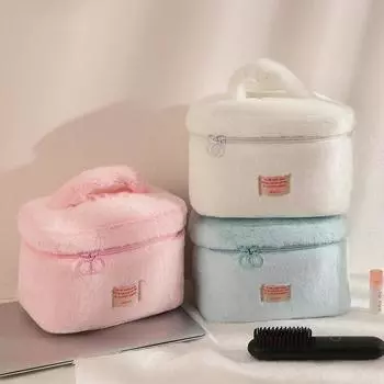 Новая вместительная большая плюшевая переносная косметичка, однотонная сумка для туалетных принадлежностей, студенческая минималистская сумка для хранения средств по уходу за кожей для женщин белый