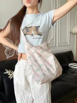 Новая вместительная сумка-мессенджер через плечо с бантом, женская холщовая сумка, цветочная студенческая сумка подмышкой