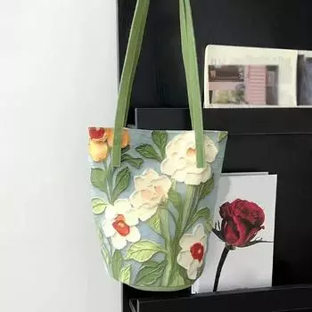 Новая вместительная сумка-ведро, модная сумка через плечо, повседневная универсальная сумка через плечо с акварельным цветочным принтом для повседневных поездок на работу из холста 19*18*27cm
