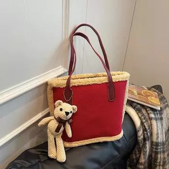 Новая вместительная женская сумка-ведро из замши и меха ягненка