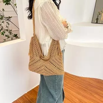 Новая вязаная крючком хлопчатобумажная нить ручной работы с выдолбленной квадратной цветочной кисточкой и кисточкой в художественном стиле, тканая сумка на плечо для женщин