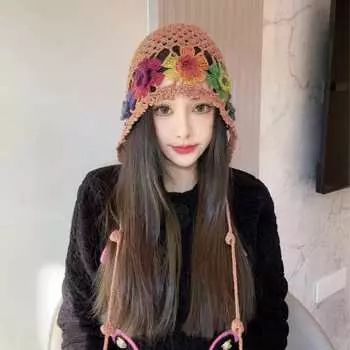 Новая вязаная крючком шапка-пуловер с бахромой, детская летняя элегантная ажурная вязаная шапка с цветным цветком, тонкая Elastic 54-60cm чёрный