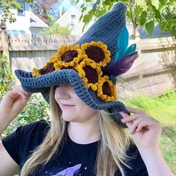 Новая вязаная крючком шляпа ведьмы с большими полями и кудрявой бородой на Хэллоуин, смешная шляпа для взрослых Adult 57-59cm