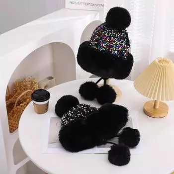 Новая вязаная плюшевая шапка для женщин зимой, утолщенная и теплая защита ушей, вязаная шапка со сверкающими бусинами, шапка-шарф 56-58cm