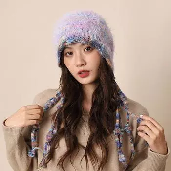 Новая вязаная шапка ручной работы из плюша и шерсти с разноцветной бахромой, женская осенне-зимняя теплая универсальная шапка-ушанка One size