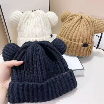 Новая вязаная шапка с медвежьими ушками женская осенне-зимняя универсальная ветрозащитная теплая дышащая модная шапка-пуловер для показа мод белый