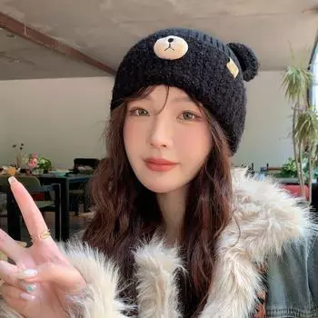 Новая вязаная шапка с милым медведем, детская, осенне-зимняя, утепленная, с капюшоном, холодная шапка с изображением маленького лица, шерстяная шапка M56-58cm чёрный