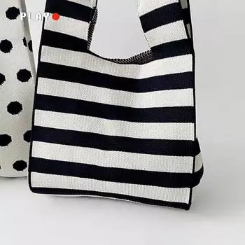 Новая вязанная сумка ручной работы в широкую полоску, минималистичная корейская женская мини-сумка на запястье с узлом, сумка-тоут, студенческие многоразовые сумки для покупок 20x24cm бежевый