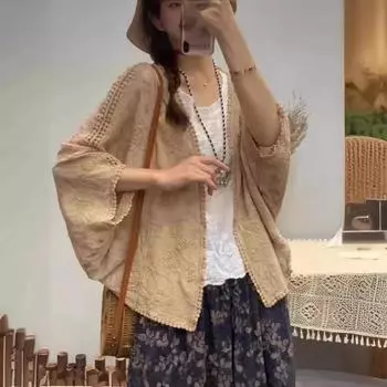 Новая вышивка, литературный и ретро универсальный солнцезащитный крем, вышивка из чистого хлопка, рукав семь четвертей внешний топ, женский внешний топ One size темно-серого