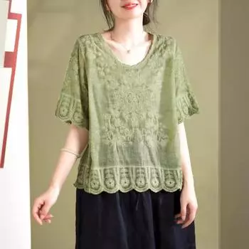 Новая вышивка, вышивка, ретро литературная кружевная вышивка Футболка с рукавом пять четвертей Женская летняя тонкая рубашка с круглым вырезом Свободная и универсальная One size