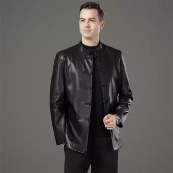 Новая высококачественная классическая кожаная куртка для мужчин, новая повседневная куртка из натуральной кожи для пап среднего возраста с воротником-стойкой в китайском стиле 170
