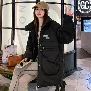 Новая высококачественная одежда на пуху для студенток, свободная одежда средней и длинной длины на хлопке, утепленные зимние пальто. M чёрный