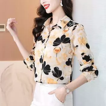 Новая высококачественная шелковая блузка с принтом, модный шифоновый топ на весну и осень, цветная рубашка с длинным рукавом в иностранном стиле XL (recommended 90-52.5kg)