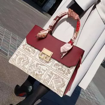 Новая высококачественная женская сумка из шелковой ленты, дизайнерская вышитая сумка через плечо из коровьей кожи красный