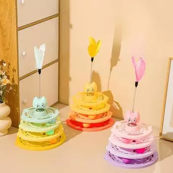 Новая забавная игрушка для кошек, четырехслойная дорожка для кошек, поворотный стол, интерактивный игровой диск с игрушкой для кошек в виде перьев 25*25*22cm
