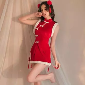 Новая забавная рождественская женская униформа чонсам от Meilikou с открытой спиной, китайская кукла, сексуальная милая домашняя ночная рубашка 2045 One Size
