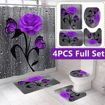 Новая занавеска для душа с принтом розы, нескользящие коврики и коврики для ванной комнаты, чехол на сиденье для унитаза, декор для ванной комнаты, аксессуары для ванной комнаты 4PCS Full Set