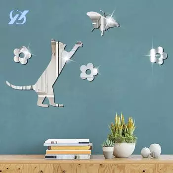 Новая зеркальная акриловая трехмерная наклейка на стену «Кошка ловит бабочку», украшение детской комнаты, спальни