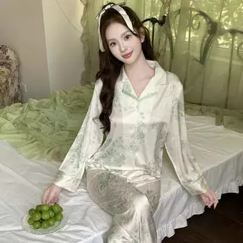 Новая жаккардовая высококачественная пижама из ледяного шелка для женщин на весну и осень, легкая роскошная верхняя одежда в стиле ленивой одежды для дома M бежевый