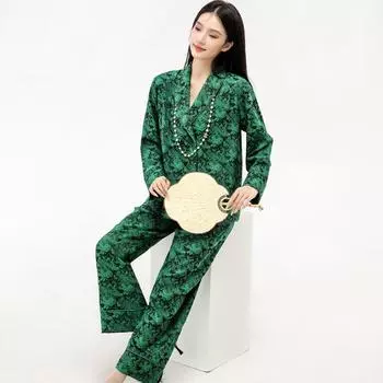 Новая жаккардовая женская пижама шикарный кардиган с длинным рукавом высококачественный дышащий пижамный комплект из ледяного шелка M зелёный
