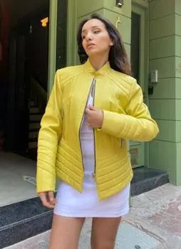 Новая ЖЕЛТАЯ стильная женская кожаная куртка ручной работы из натуральной овечьей кожи для мотоцикла XS жёлтый