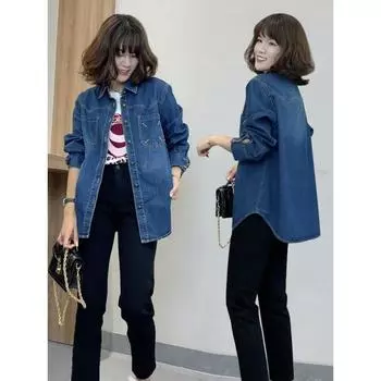Новая женская блузка осенняя повседневная джинсовая синяя винтажная верхняя одежда с длинным рукавом свободная блузка на пуговицах One Size синий