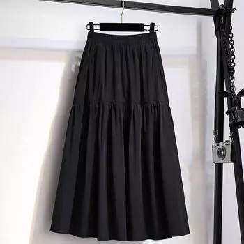 Новая женская черная миди юбка А-силуэта: Трендовый весенне-летний стиль, высококлассный универсальный дизайн зонта 2XL (suggested for 135-150 jin)