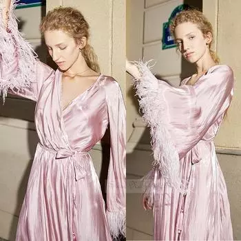 Новая женская длинная ночная рубашка, свадебный халат, сексуальная элегантная ночная рубашка с перьями, халат, повседневное тонкое атласное домашнее платье, одежда для отдыха M