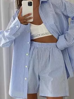 Новая женская домашняя одежда для отдыха на открытом воздухе, полосатая рубашка с длинным рукавом, топы и свободные мини-шорты с высокой талией, комплект из двух предметов, пижама S розовый