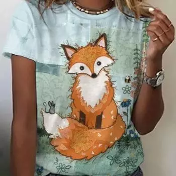 Новая женская футболка Kawaii с мультяшным принтом лисы, топ больших размеров, женская трендовая одежда, модная рубашка с короткими рукавами, летняя футболка с круглым вырезом XXXL