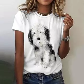 Новая женская футболка Kawaii с мультяшным принтом собаки, топ больших размеров, женская трендовая одежда, модная летняя рубашка с короткими рукавами, футболка с круглым вырезом S