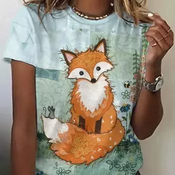 Новая женская футболка Kawaii с мультяшным принтом лисы, топ больших размеров, женская трендовая одежда, модная рубашка с короткими рукавами, летняя футболка с круглым вырезом S